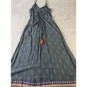 Indya XL Maxi Dress Blue Boho Printed‎ Tassel Adjustable Strappy Cotton Dress